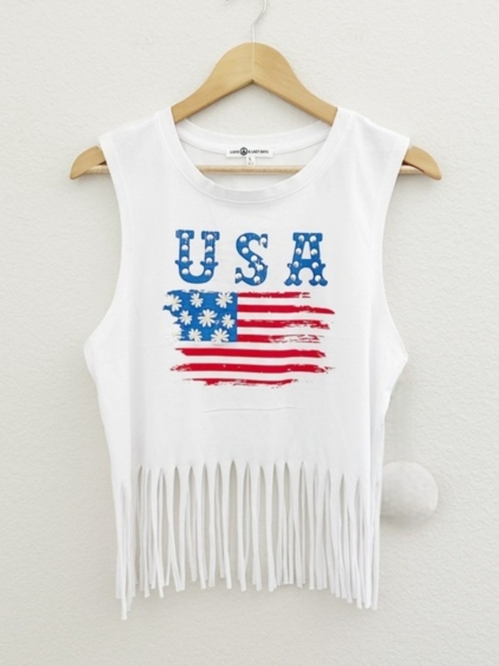 White Fringe Tank with USA Flag Graphic